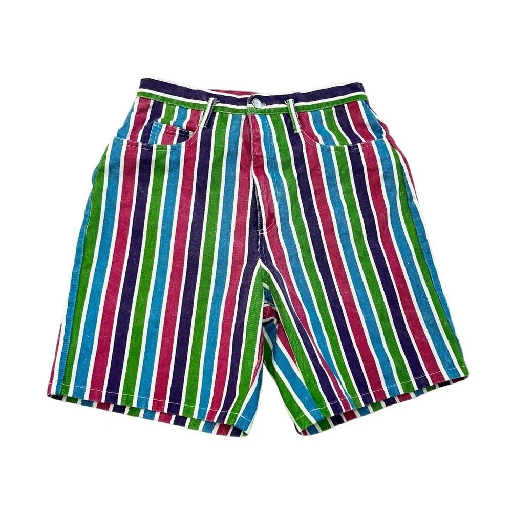 Vintage Joy Ride Colorful Striped Cotton High Rise Denim Shorts 26-27” Waist - Picture 1 of 8
